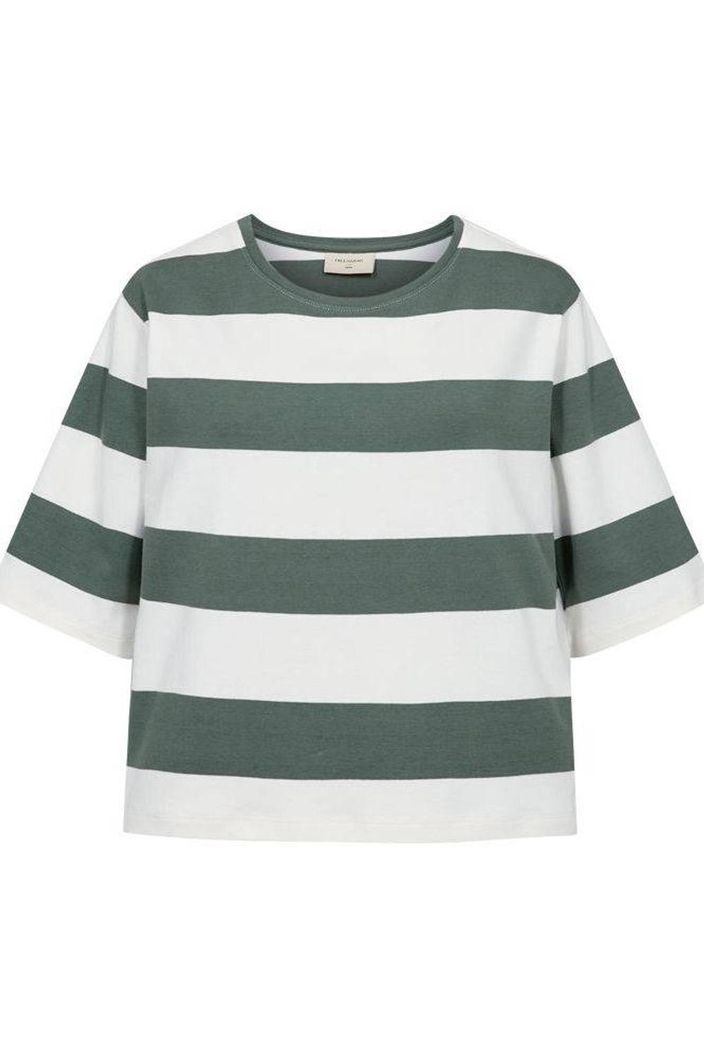 Wit en groene dames FREEQUENT gestreepte T-shirt van katoen met korte mouwen en ronde hals
