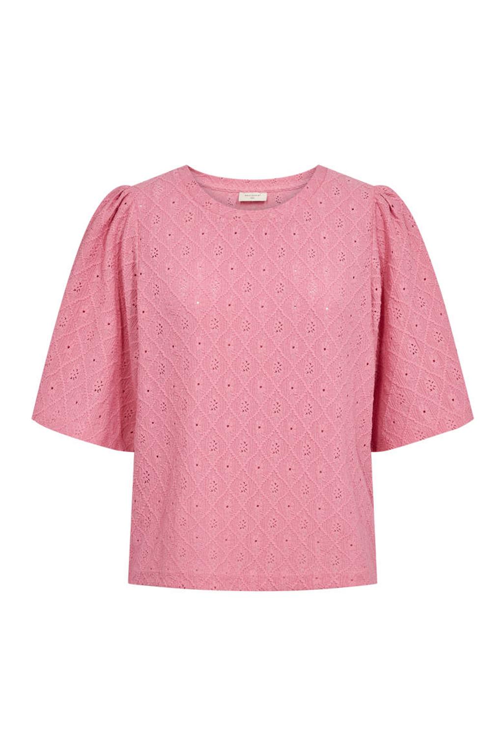 Roze dames FREEQUENT top van polyester met effen, half lange mouwen en ronde hals