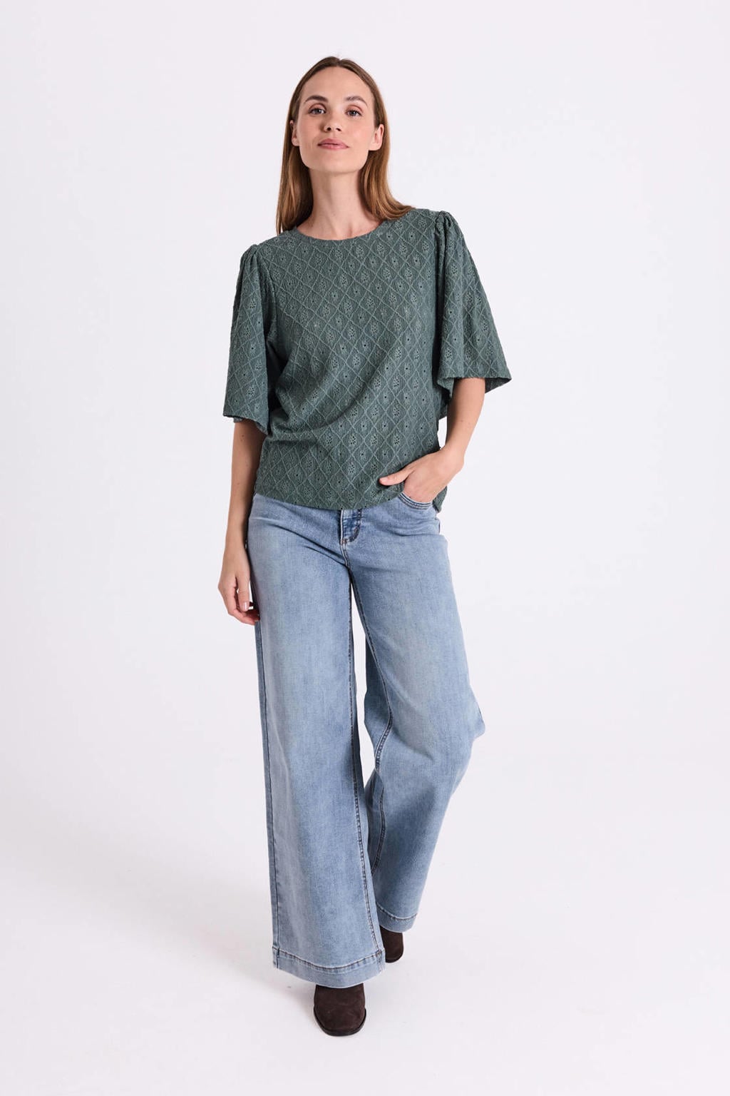 Groene dames FREEQUENT top van polyester met effen, half lange mouwen en ronde hals