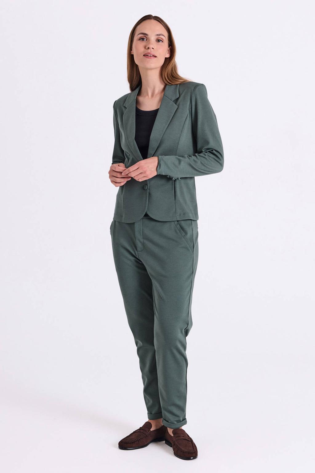 Donkergroene dames FREEQUENT regular waist pantalon van polyester met rits- en knoopsluiting en effen