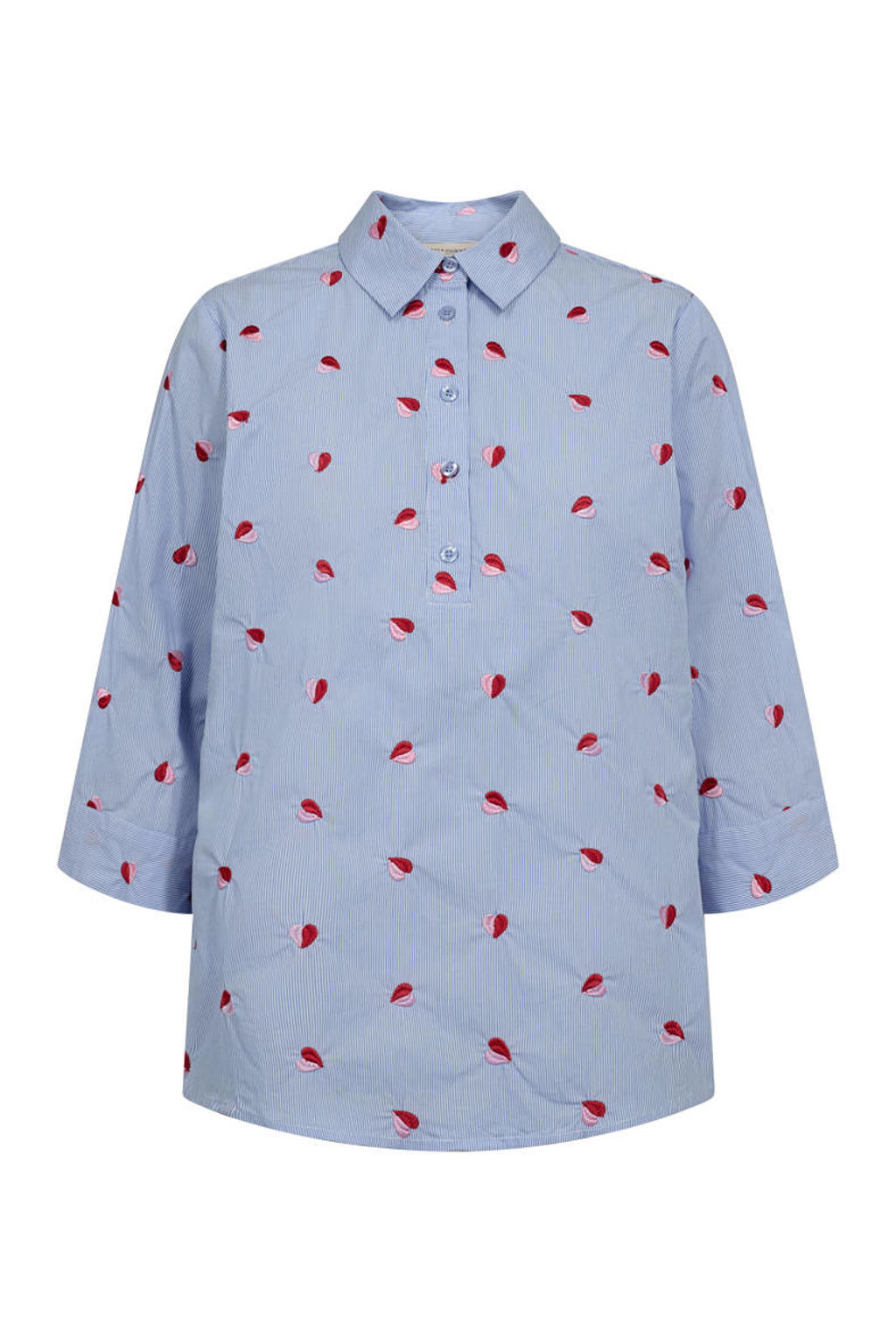 Lichtblauw en rode dames FREEQUENT blouse van katoen met lange mouwen, klassieke kraag en knoopsluiting