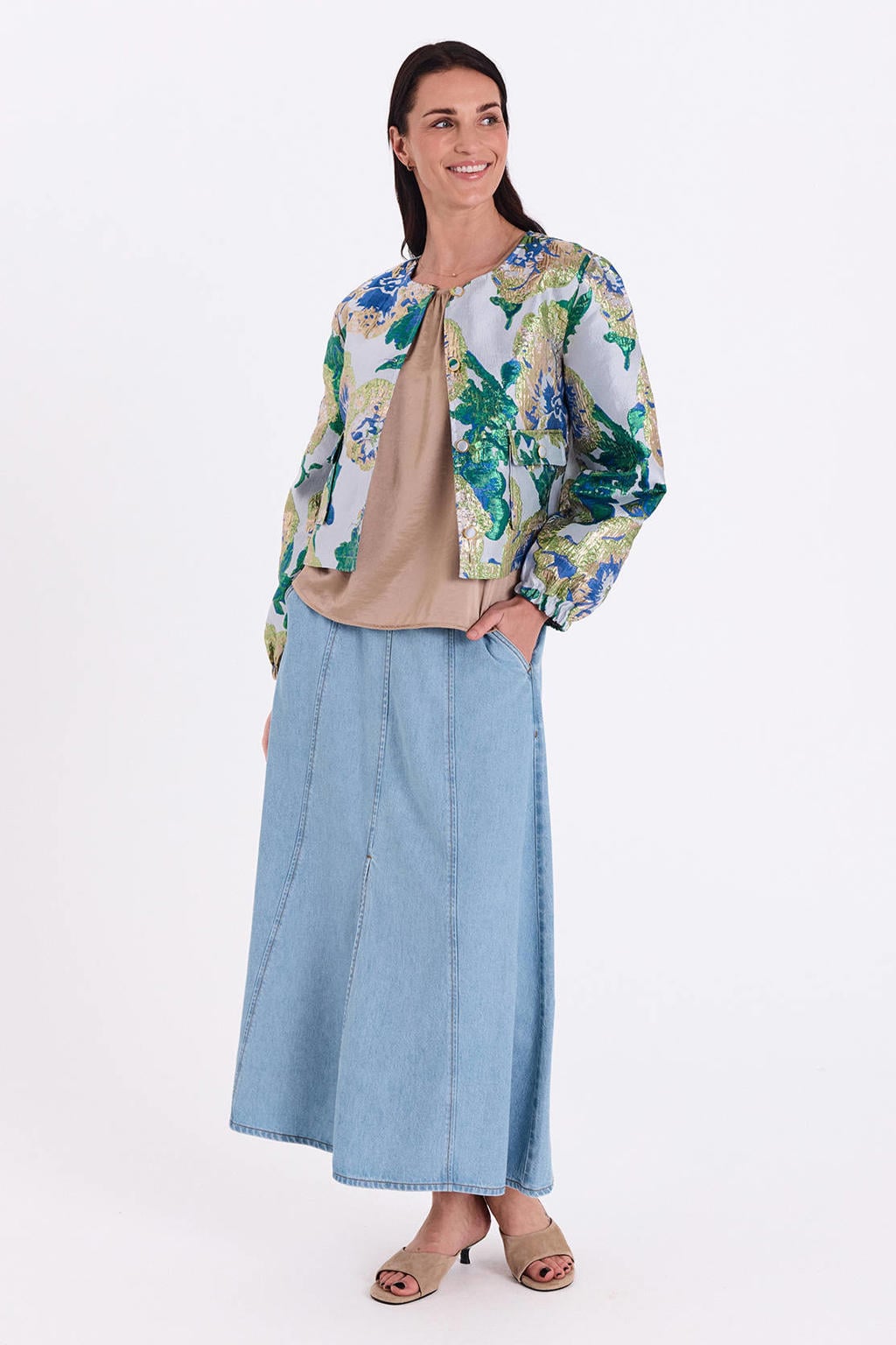 Blauw en gouden dames FREEQUENT jasje van polyester met lange mouwen, ronde hals, knoopsluiting en jacquard