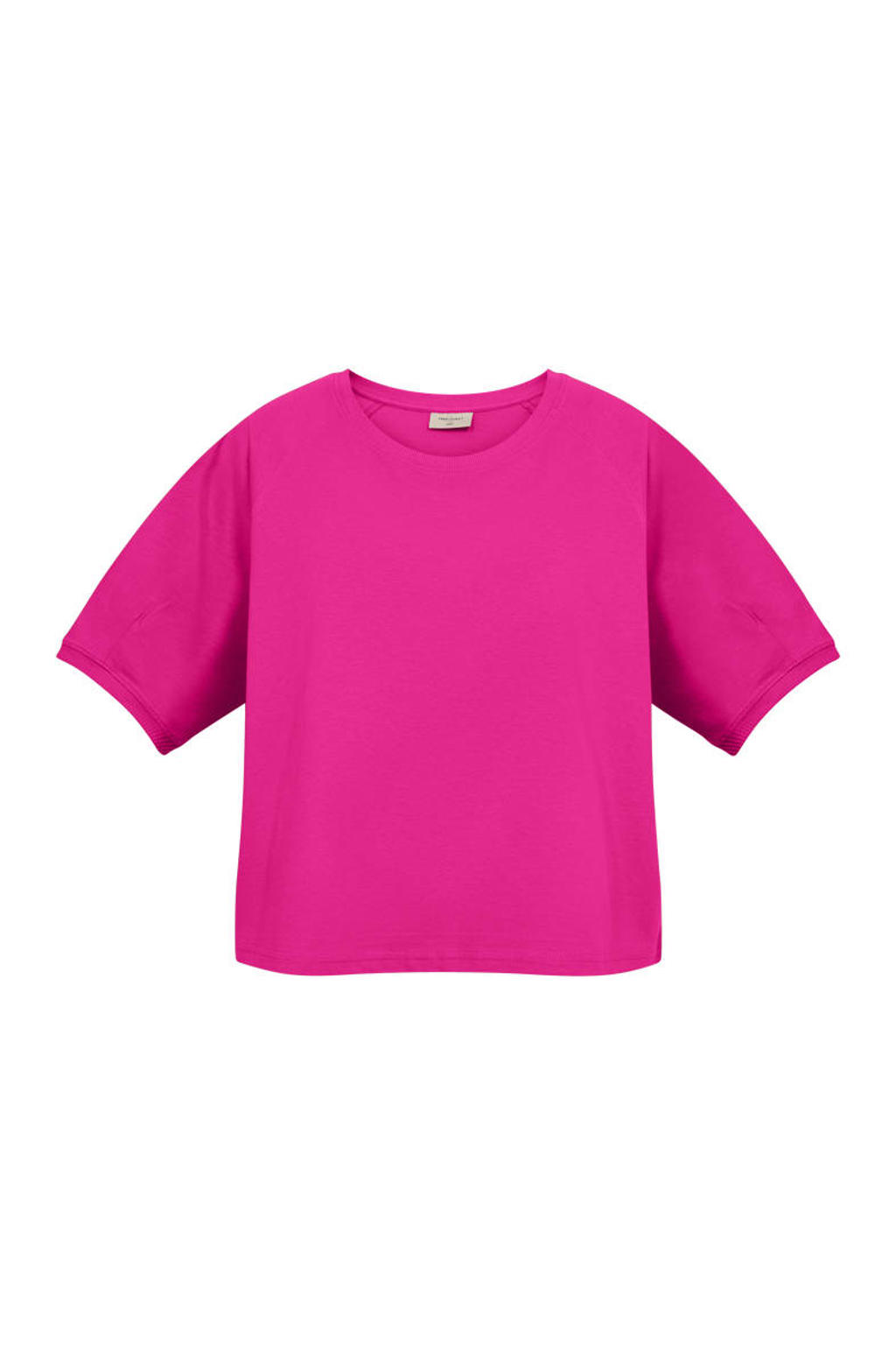 Roze dames FREEQUENT T-shirt van katoen met effen, korte mouwen en ronde hals