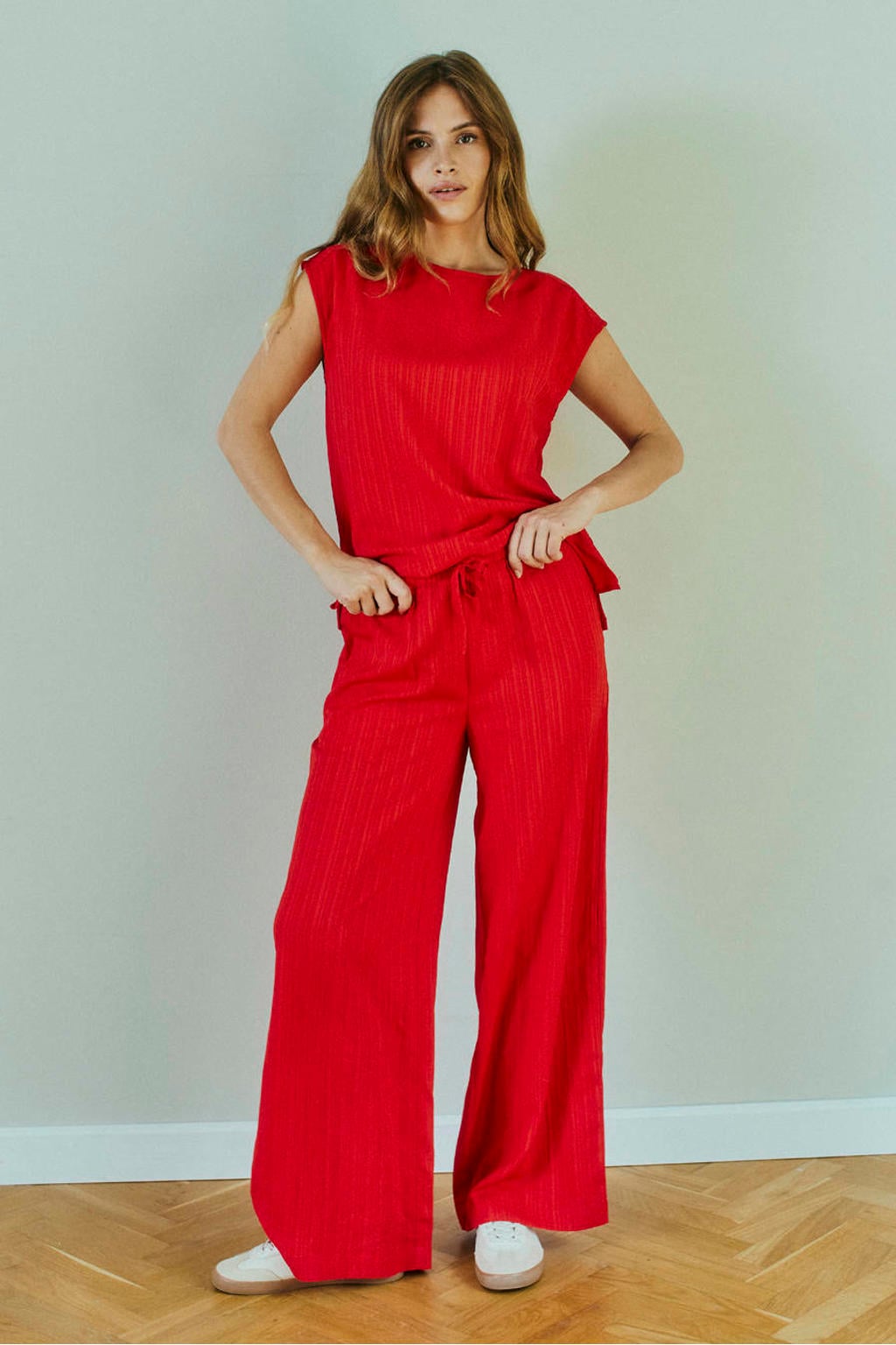 Rode dames FREEQUENT high waist casual broek van polyester met loose fit, elastische tailleband met koord en effen