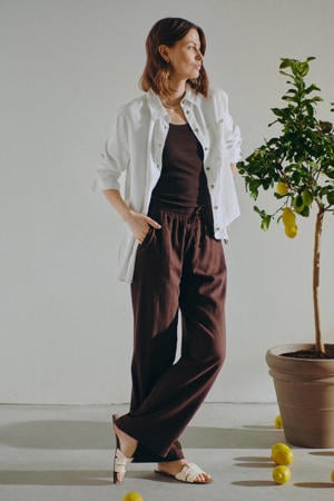 wide leg regular waist broek met linnen