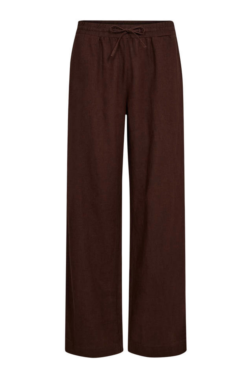 Donkerblauwe dames FREEQUENT wide leg regular waist broek van linnen met elastische tailleband met koord en effen