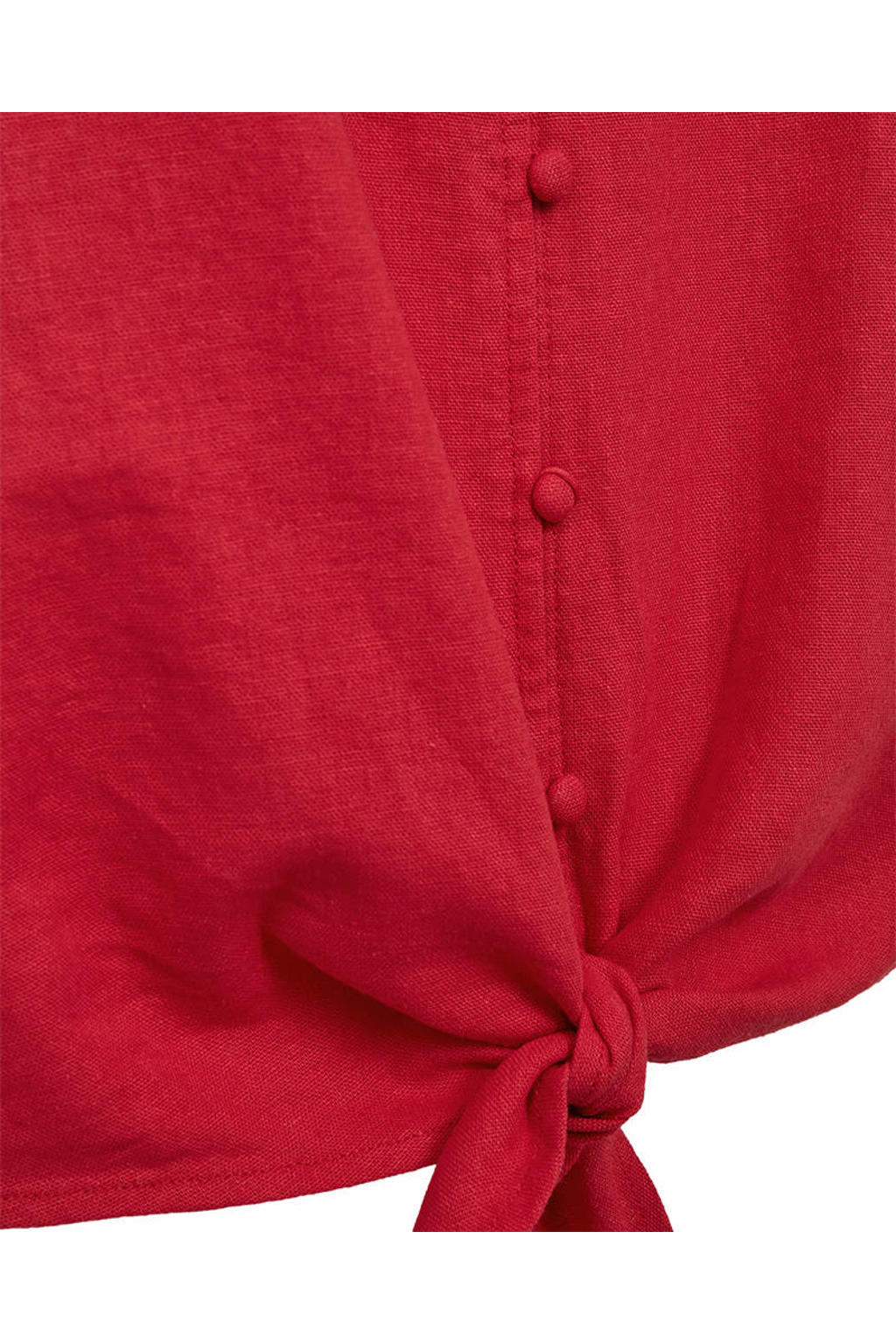 Rode dames FREEQUENT blouse van linnen met effen, korte mouwen, V-hals, knoopsluiting en knoopdetail