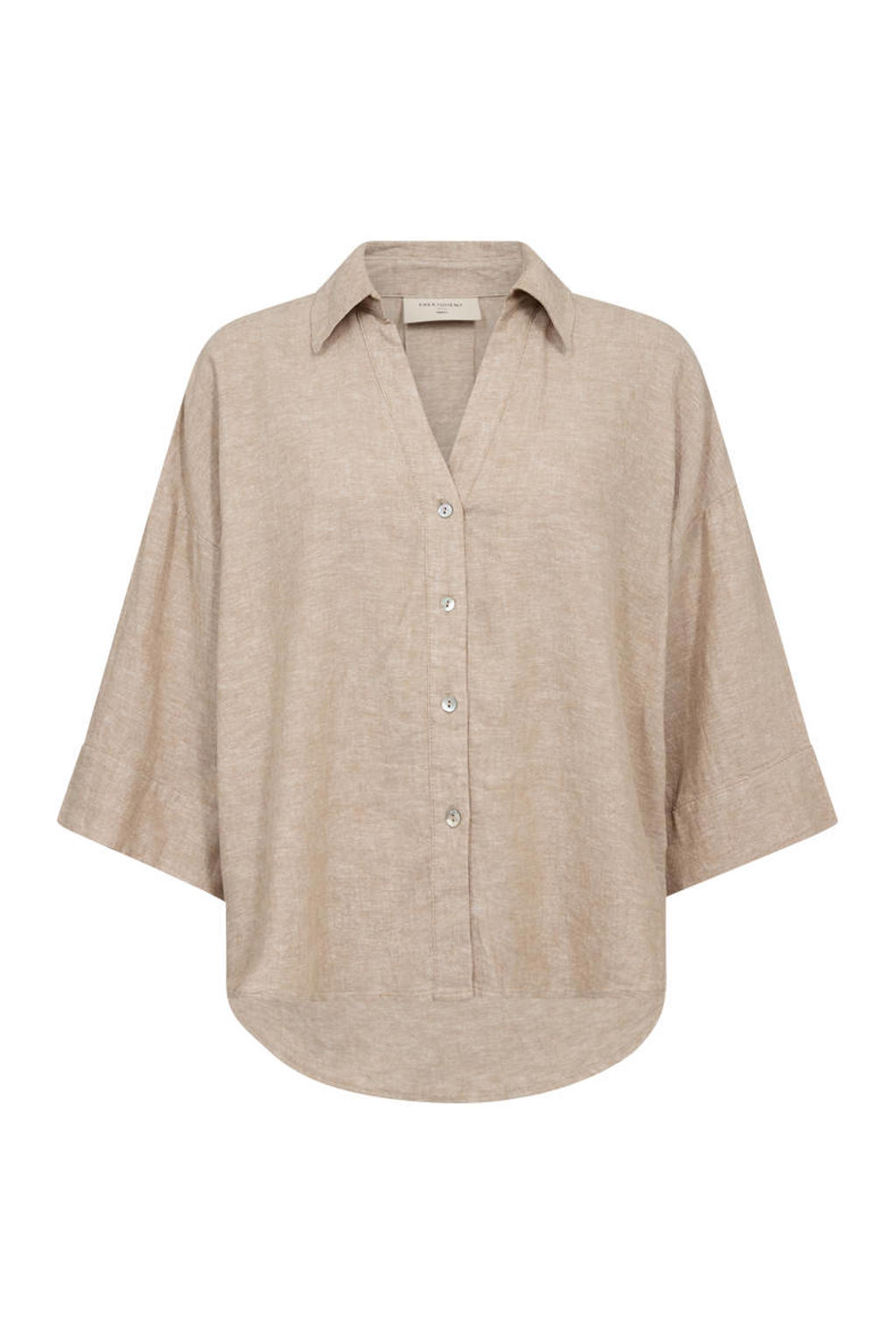 Zandkleurige dames FREEQUENT linnen blouse met effen, driekwart mouwen, reverskraag en knoopsluiting