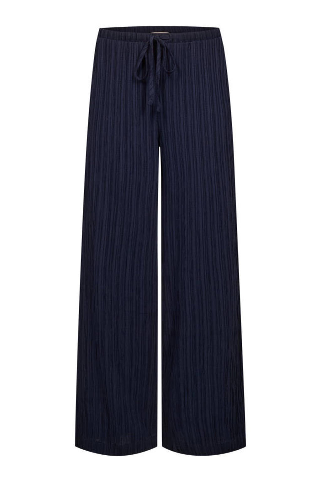 Donkerblauwe dames FREEQUENT high waist casual broek van polyester met loose fit, elastische tailleband met koord en effen
