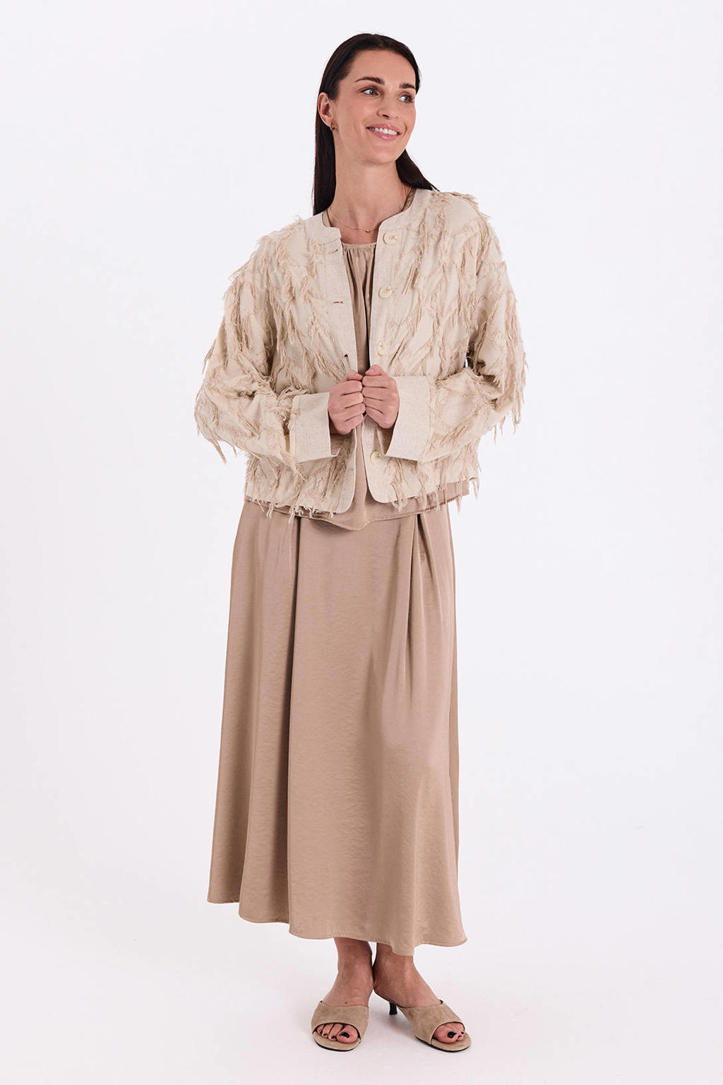 Zandkleurige dames FREEQUENT blousetop van polyester met effen, ronde hals en glimmend detail