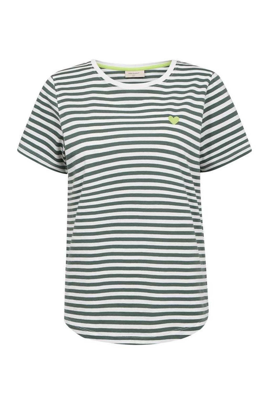 Donkergroene dames FREEQUENT gestreept T-shirt van katoen met korte mouwen, ronde hals en borduursels