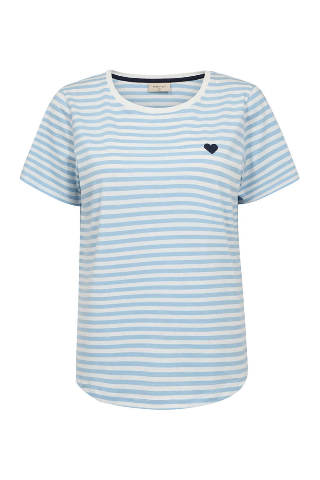 Lichtblauw en witte dames FREEQUENT gestreept T-shirt van katoen met korte mouwen, ronde hals en borduursels