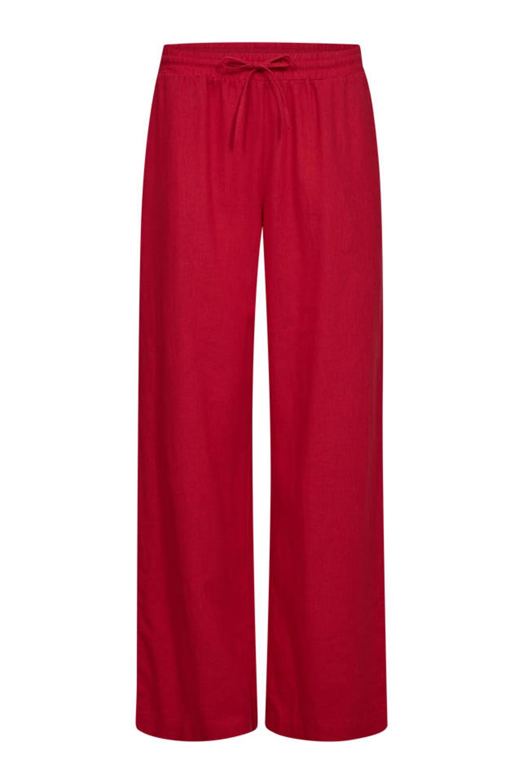 Rode dames FREEQUENT wide leg regular waist broek van linnen met elastische tailleband met koord en effen