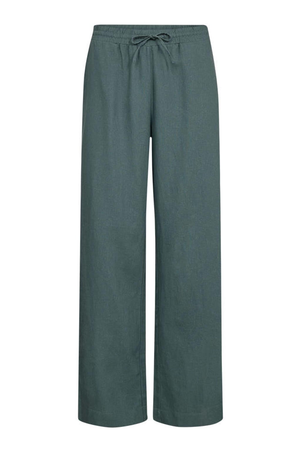 Grijsgroene dames FREEQUENT wide leg regular waist broek van linnen met elastische tailleband met koord en effen