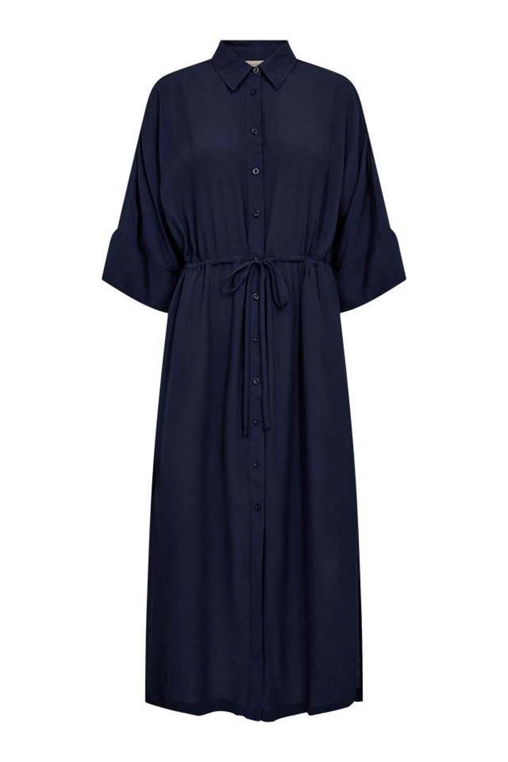 Donkerblauwe dames FREEQUENT blousejurk van viscose met effen, half lange mouwen, klassieke kraag, knoopsluiting en ceintuur