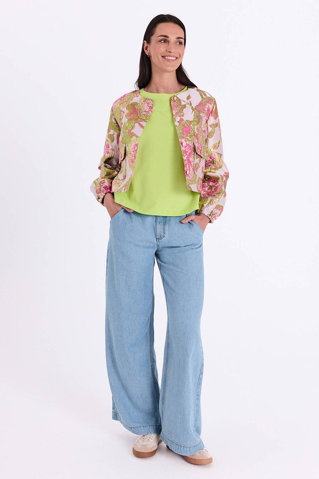 Limegroene dames FREEQUENT T-shirt groen van katoen met effen en korte mouwen