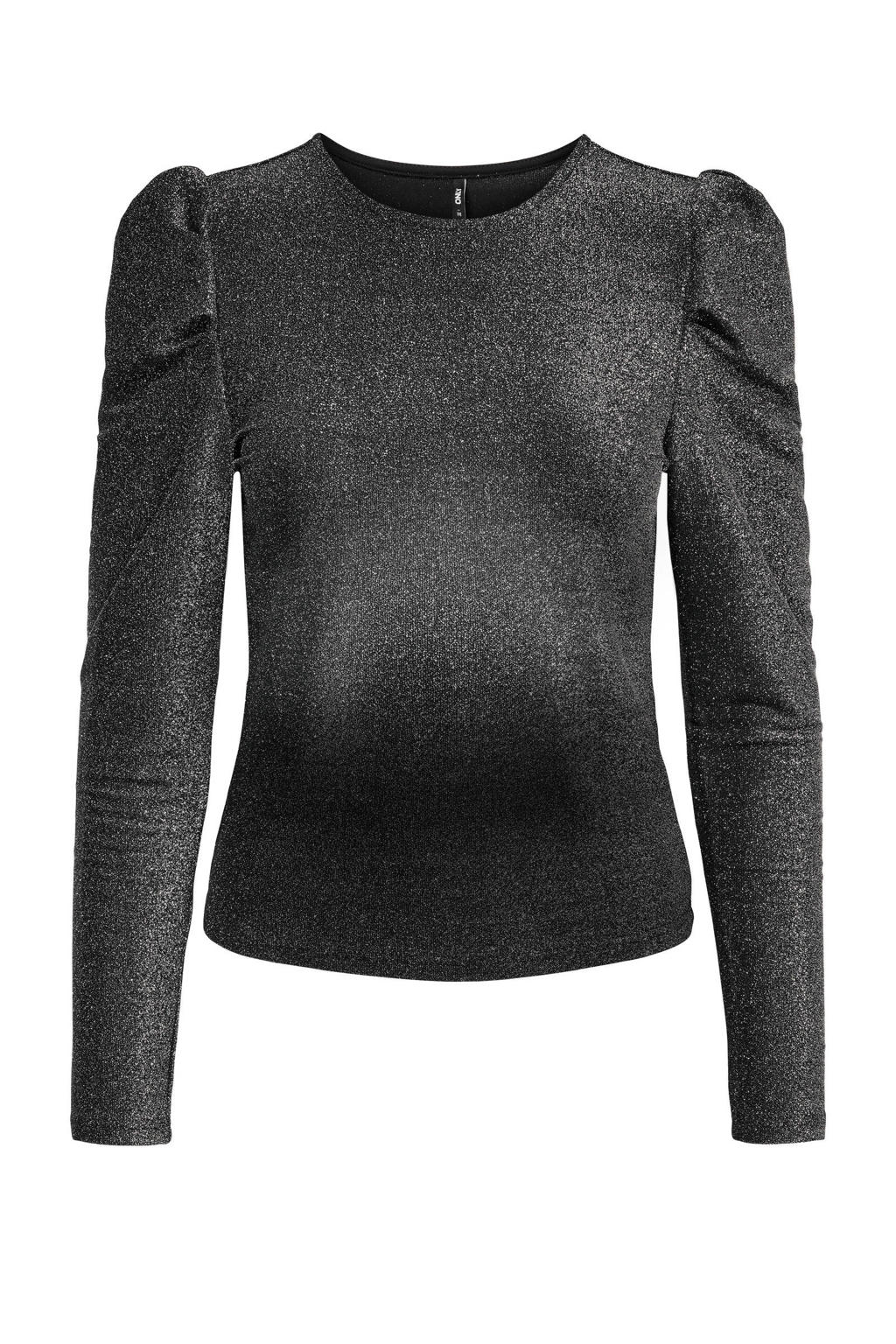Zilverkleurige dames ONLY MATERNITY zwangerschaps glitter top van nylon met effen, lange mouwen en ronde hals