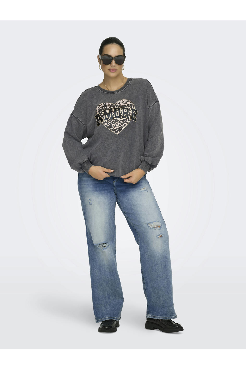 Grijze dames ONLY CARMAKOMA sweater van katoen met printopdruk, lange mouwen en ronde hals
