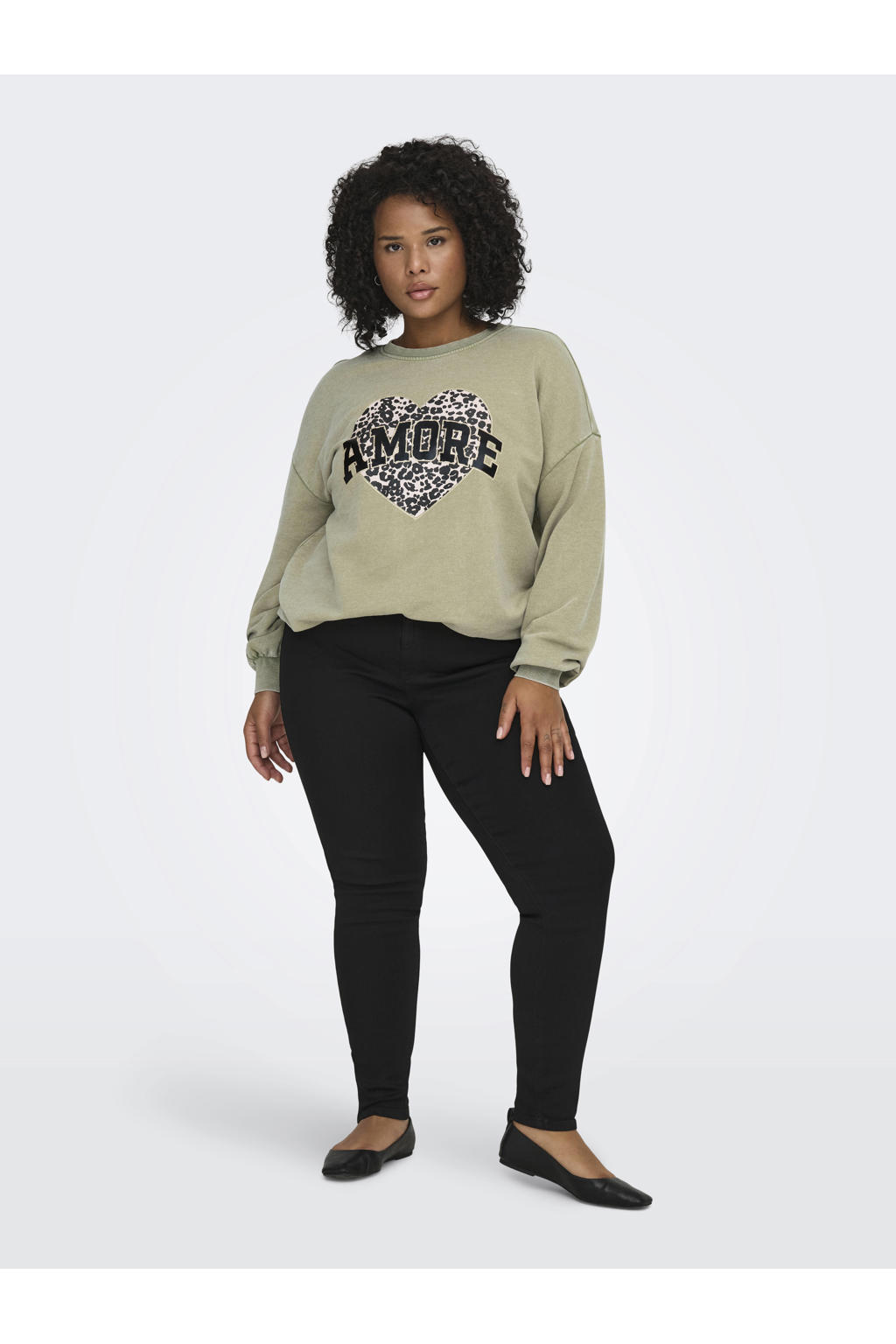 Lichtgroene dames ONLY CARMAKOMA sweater van katoen met printopdruk, lange mouwen en ronde hals