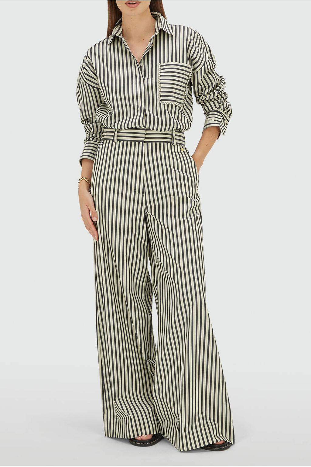Ecru en donkerblauwe dames JOSH V gestreepte blouse van polyester met lange mouwen, klassieke kraag en knoopsluiting