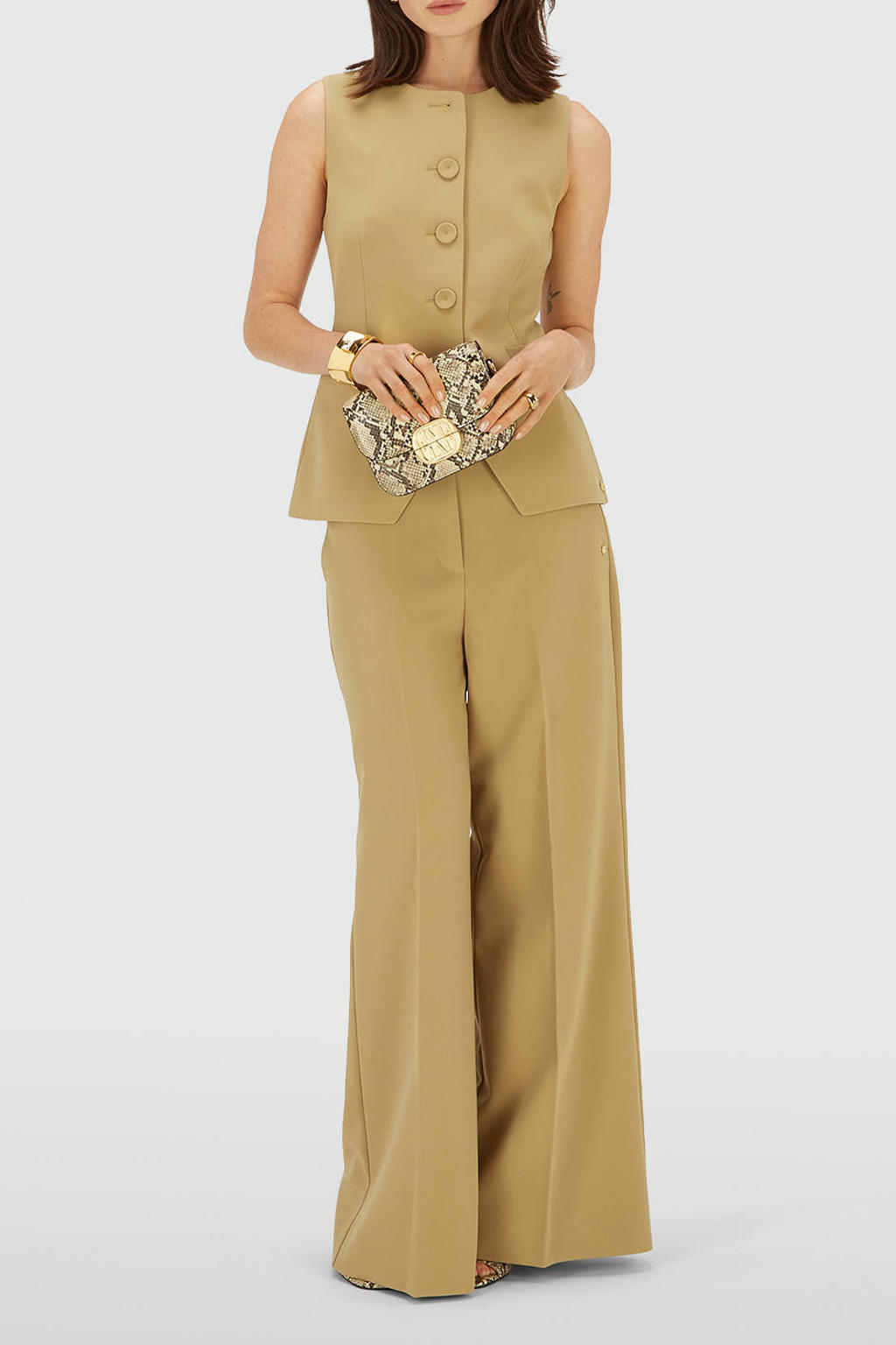 Lichtgroene dames JOSH V straight high waist chino van polyester met rits- en knoopsluiting en effen