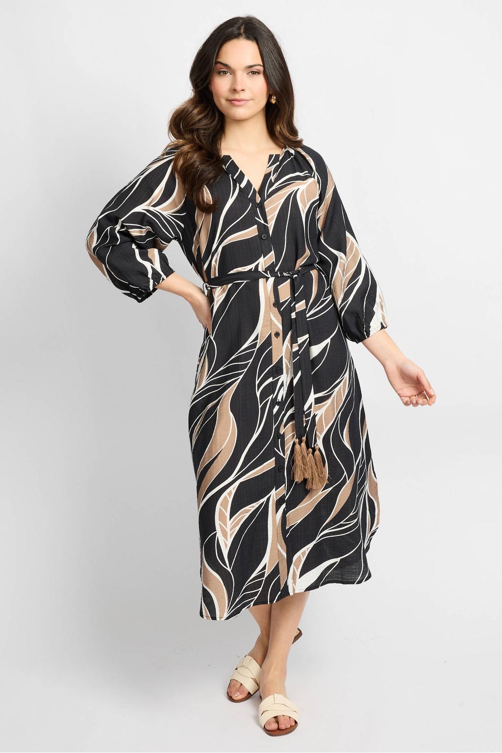 Zwarte dames CS the Label blousejurk van viscose met driekwart mouwen, ronde hals, knoopsluiting en ceintuur
