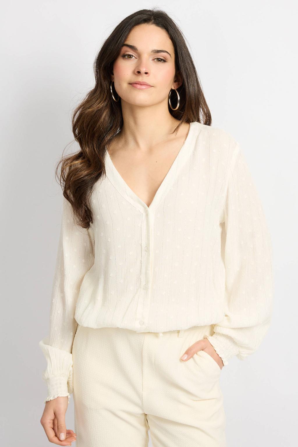 Ecru dames CS the Label blouse van rayon met effen, lange mouwen, V-hals, knoopsluiting en lurex