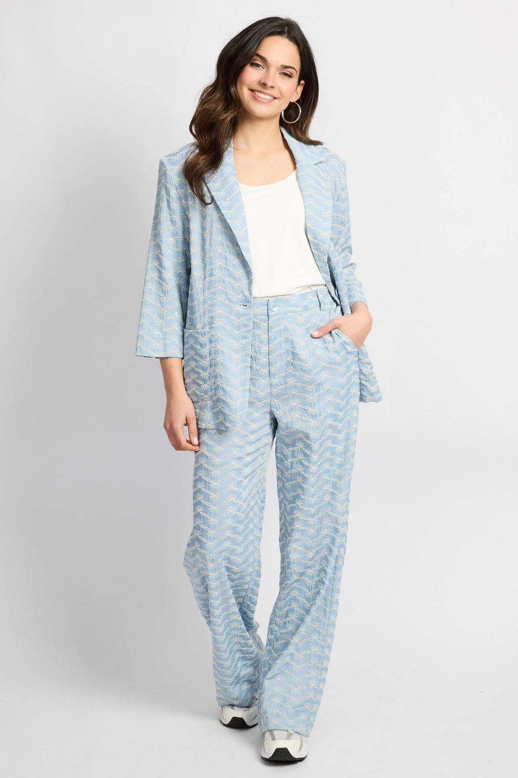 Blauw en zandkleurige dames CS the Label straight regular waist casual broek van rayon met rits- en knoopsluiting