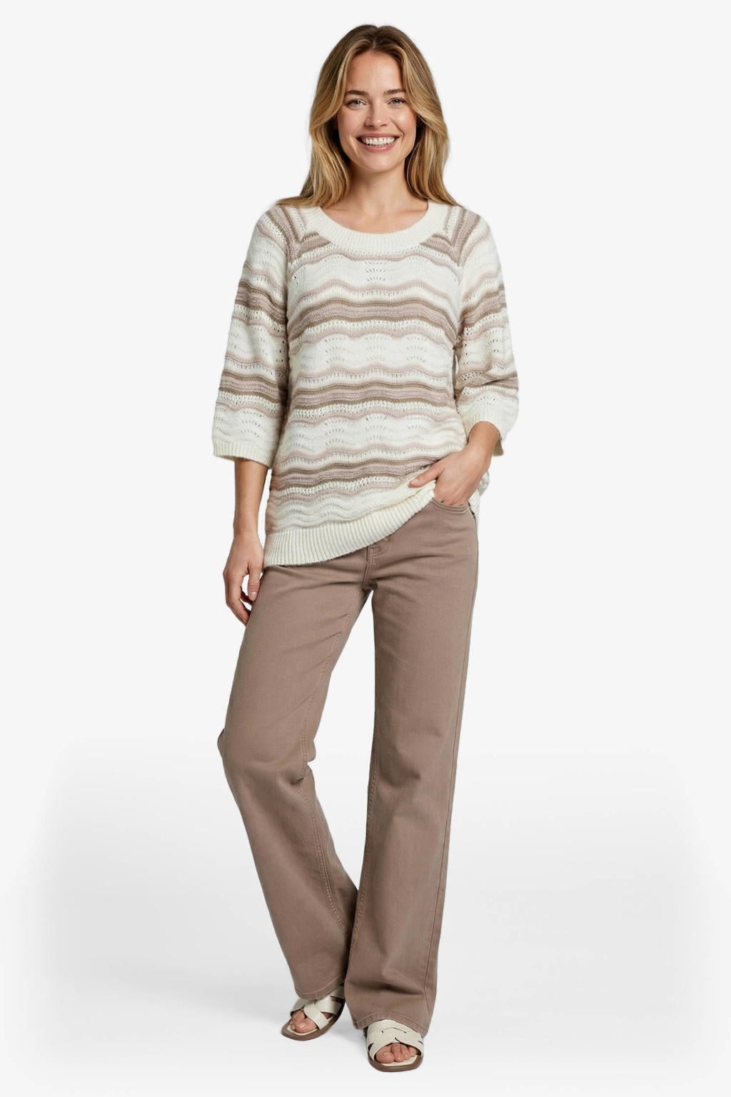 Bruine dames CS the Label gestreepte pullover gebreid van acryl met driekwart mouwen en ronde hals