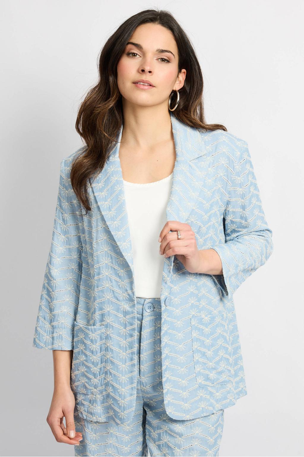 Lichtblauwe dames CS the Label regular blazer van rayon met lange mouwen, reverskraag en knoopsluiting