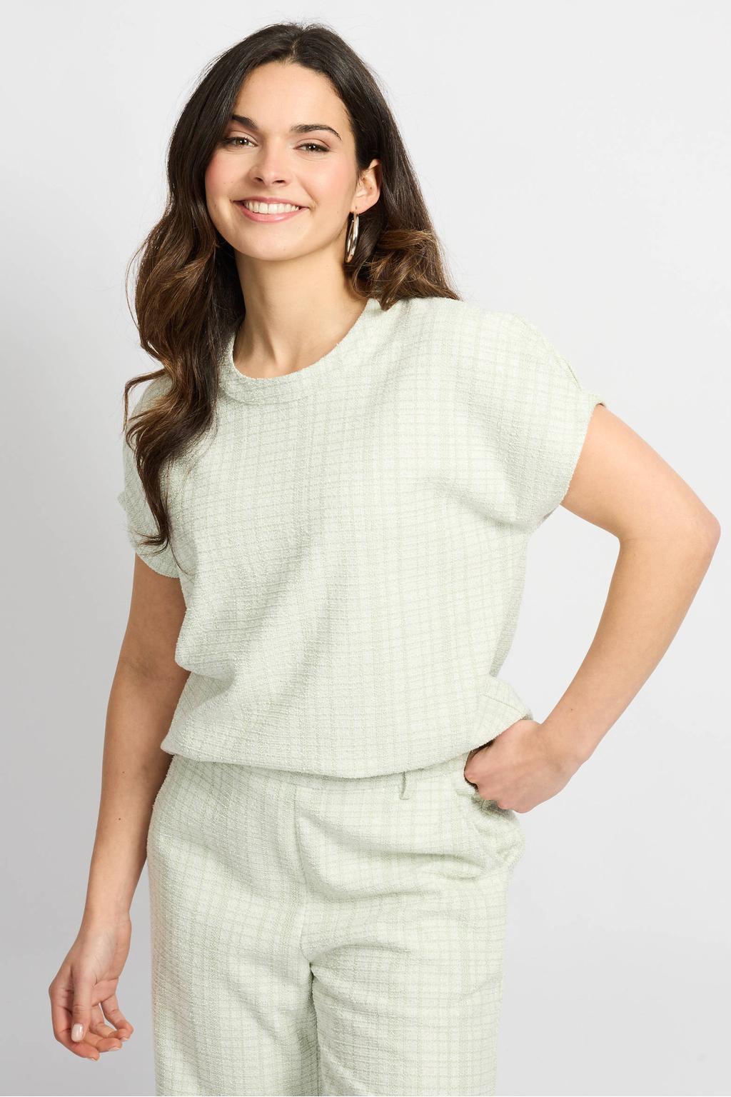 Mintgroene dames CS the Label glitter top met effen, korte mouwen en ronde hals