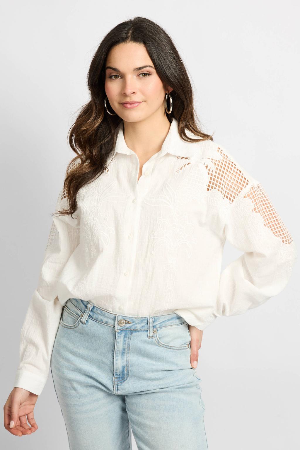 Ecru dames CS the Label blouse van viscose met effen, lange mouwen, klassieke kraag, knoopsluiting en borduursels