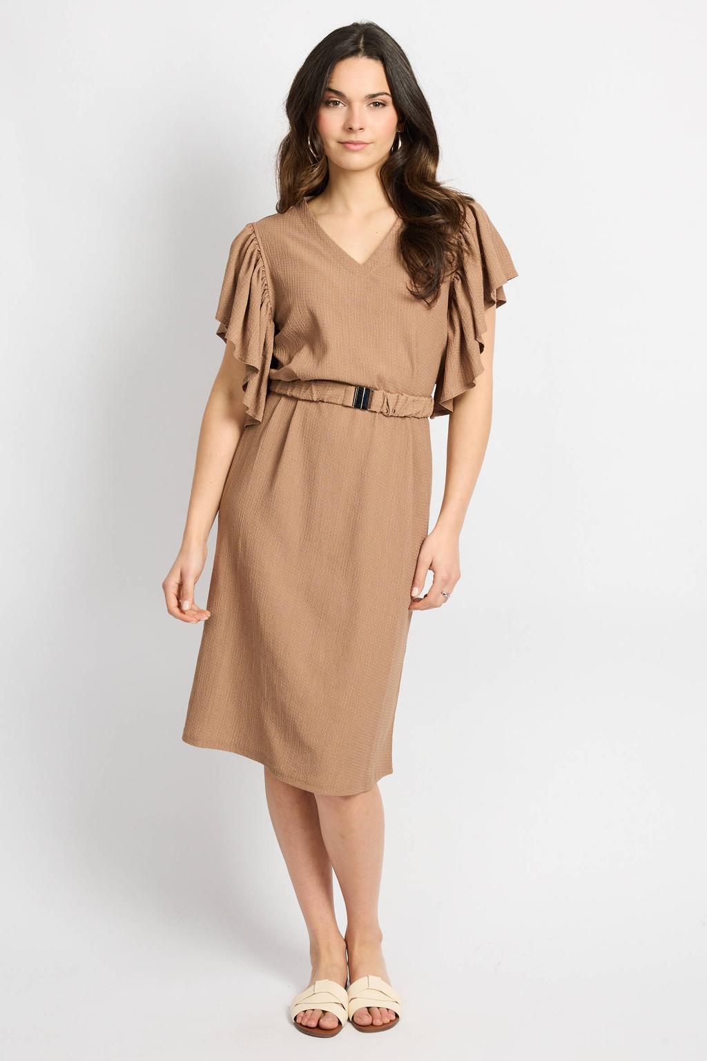 Bruine dames CS the Label zomerjurk met effen, korte mouwen, V-hals, clipsluiting en ceintuur