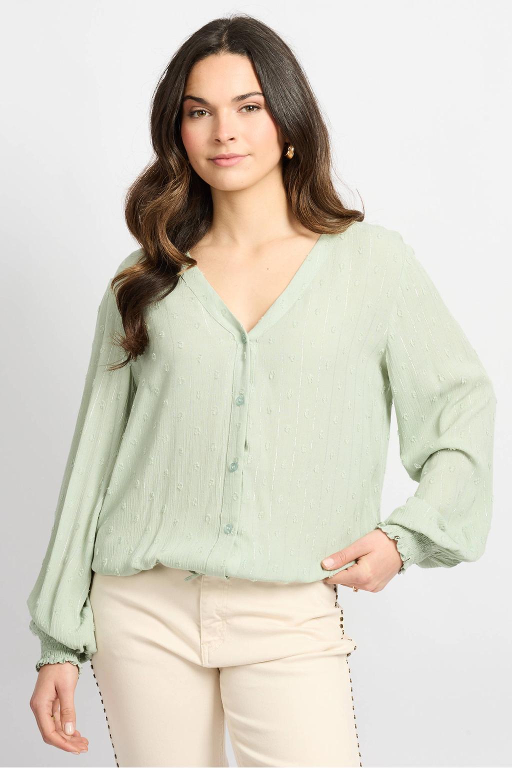 Mintgroene dames CS the Label blouse van rayon met effen, lange mouwen, V-hals, knoopsluiting en lurex