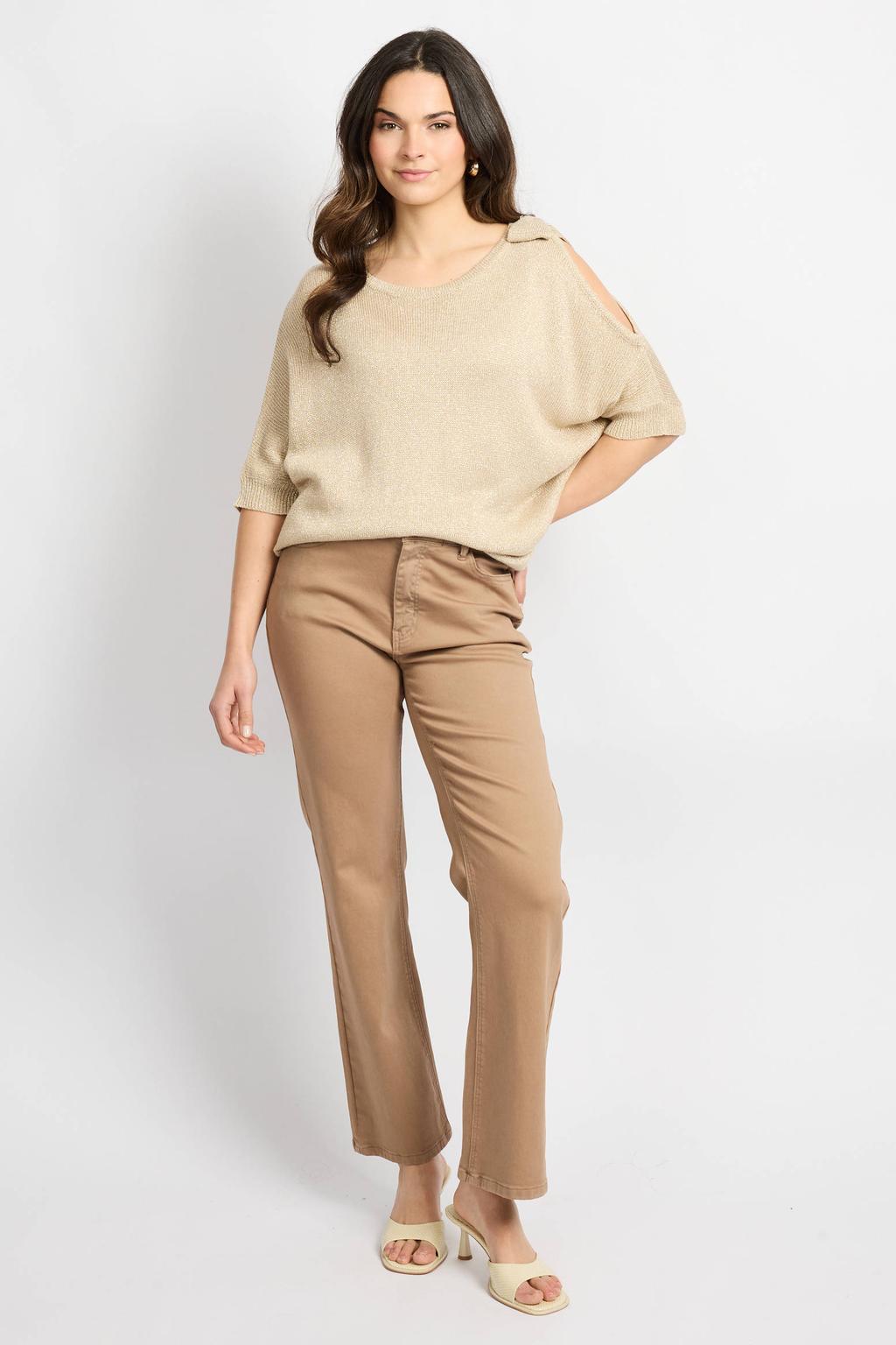 Taupe dames CS the Label bootcut regular waist cropped broek met rits- en knoopsluiting en effen