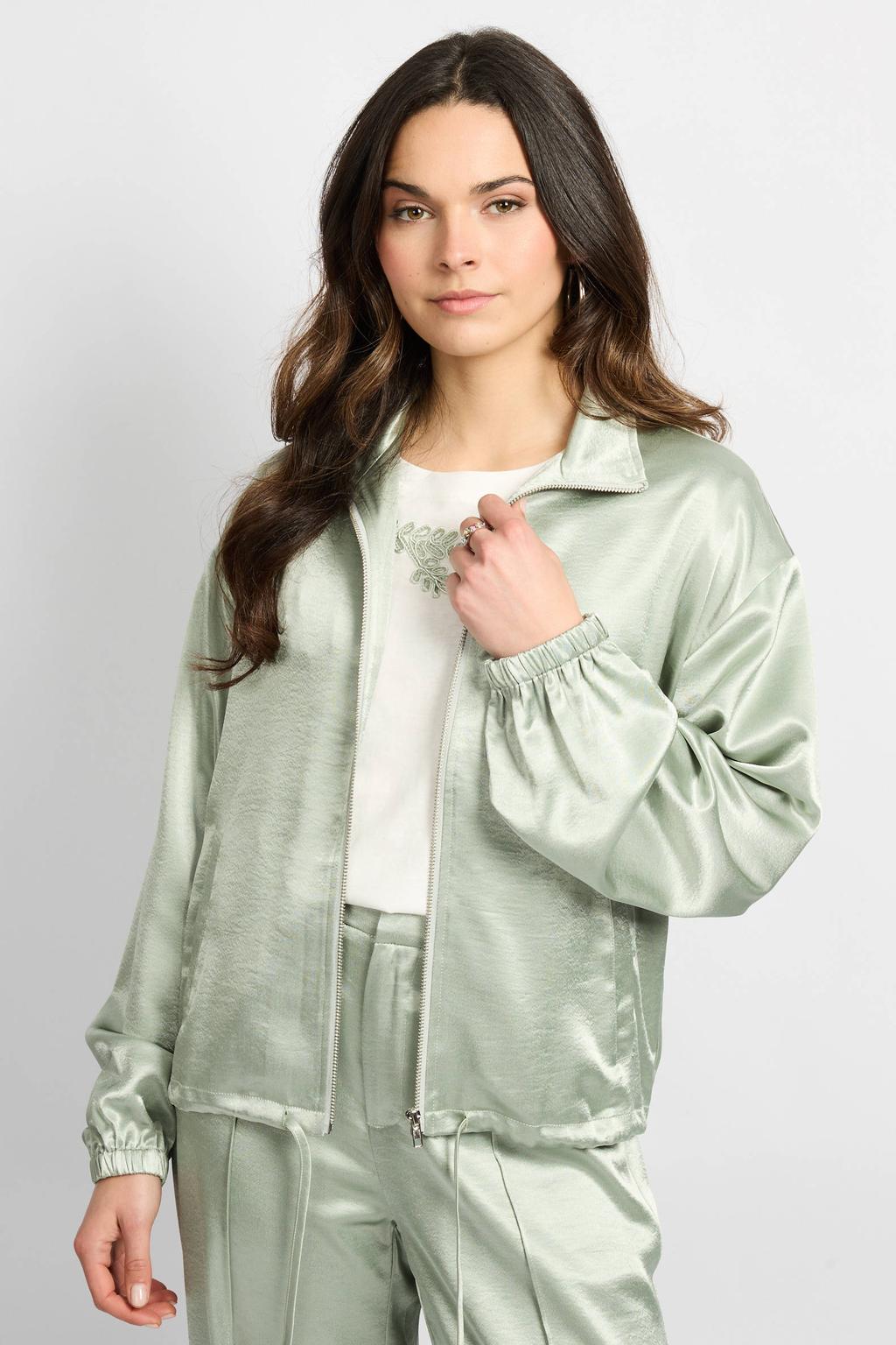Mintgroene dames CS the Label jack met effen, lange mouwen, klassieke kraag en glimmend detail