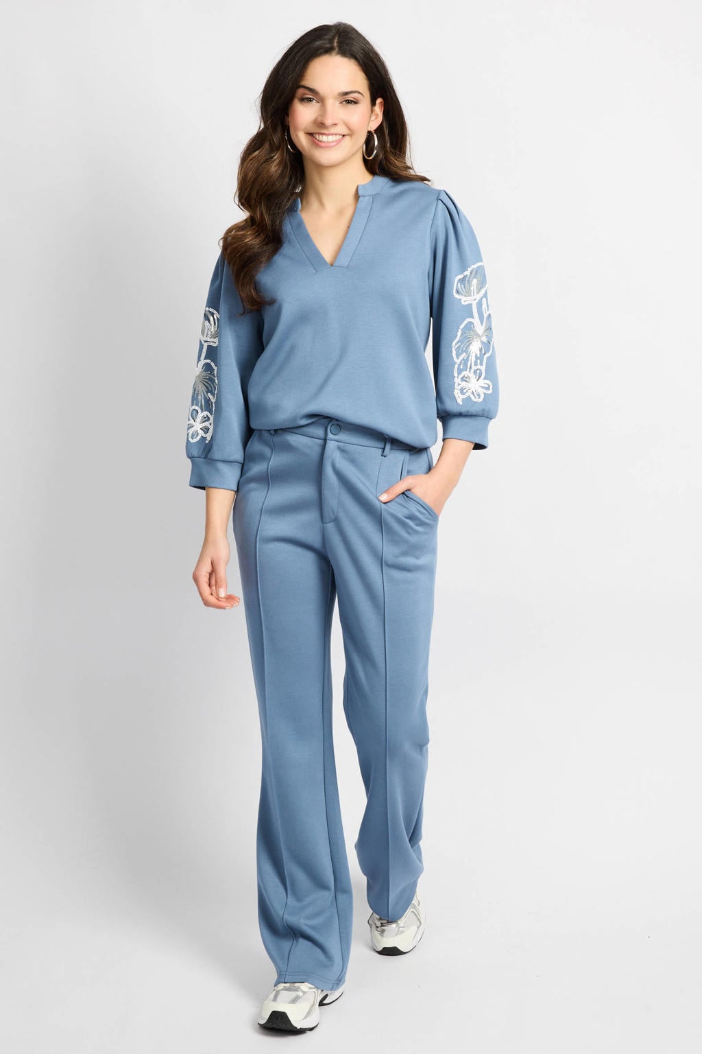 Blauwe dames CS the Label straight regular waist casual broek van rayon met rits- en knoopsluiting en effen