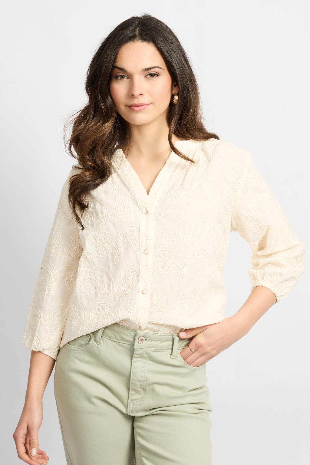 Ecru dames CS the Label blouse print met effen, driekwart mouwen, V-hals, knoopsluiting en borduursels