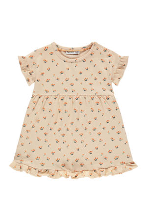 gebloemde korte jurk beige/oranje