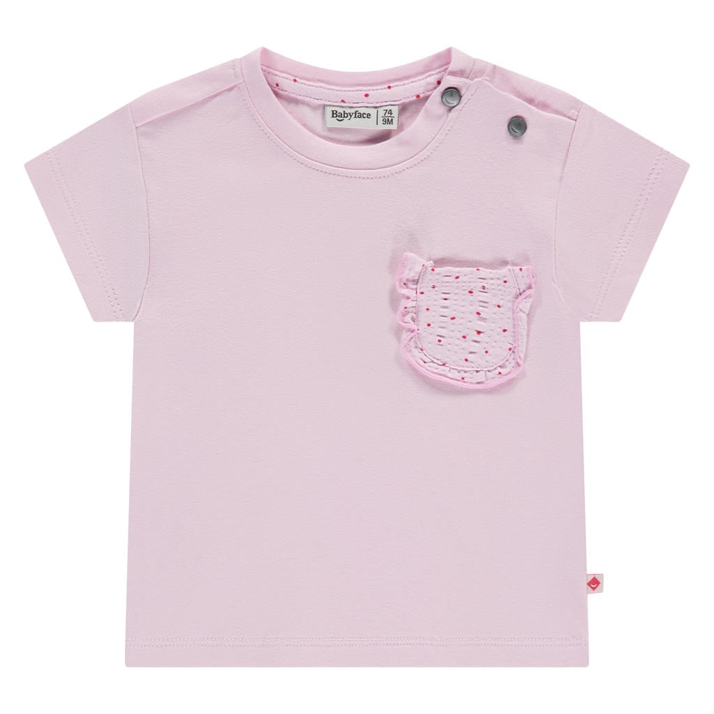 Lichtroze meisjes Babyface T-shirt van stretchkatoen met effen, korte mouwen, ronde hals, drukknoopsluiting en borduursels