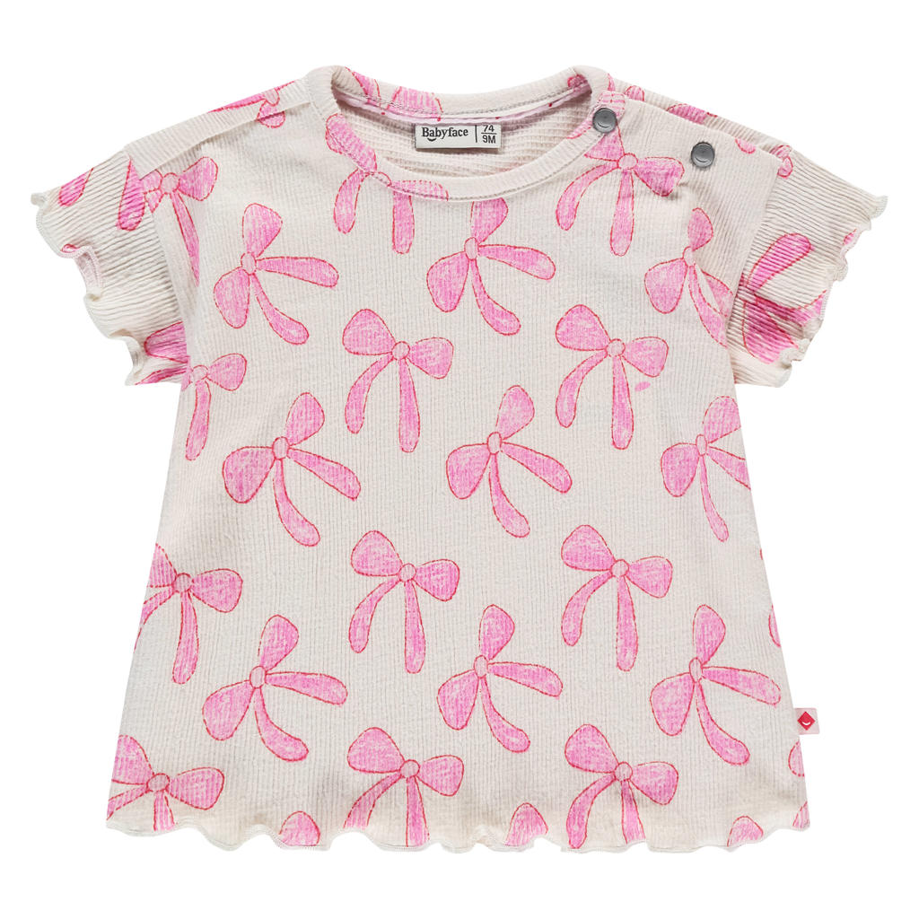 Beige en roze meisjes Babyface T-shirt van stretchkatoen met korte mouwen, ronde hals en drukknoopsluiting