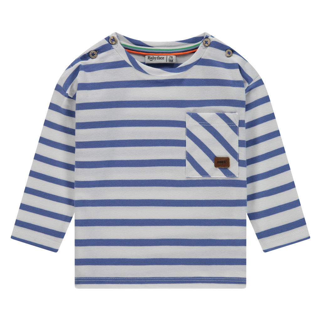 Blauwe jongens Babyface gestreepte longsleeve van stretchkatoen met lange mouwen, ronde hals en knoopsluiting