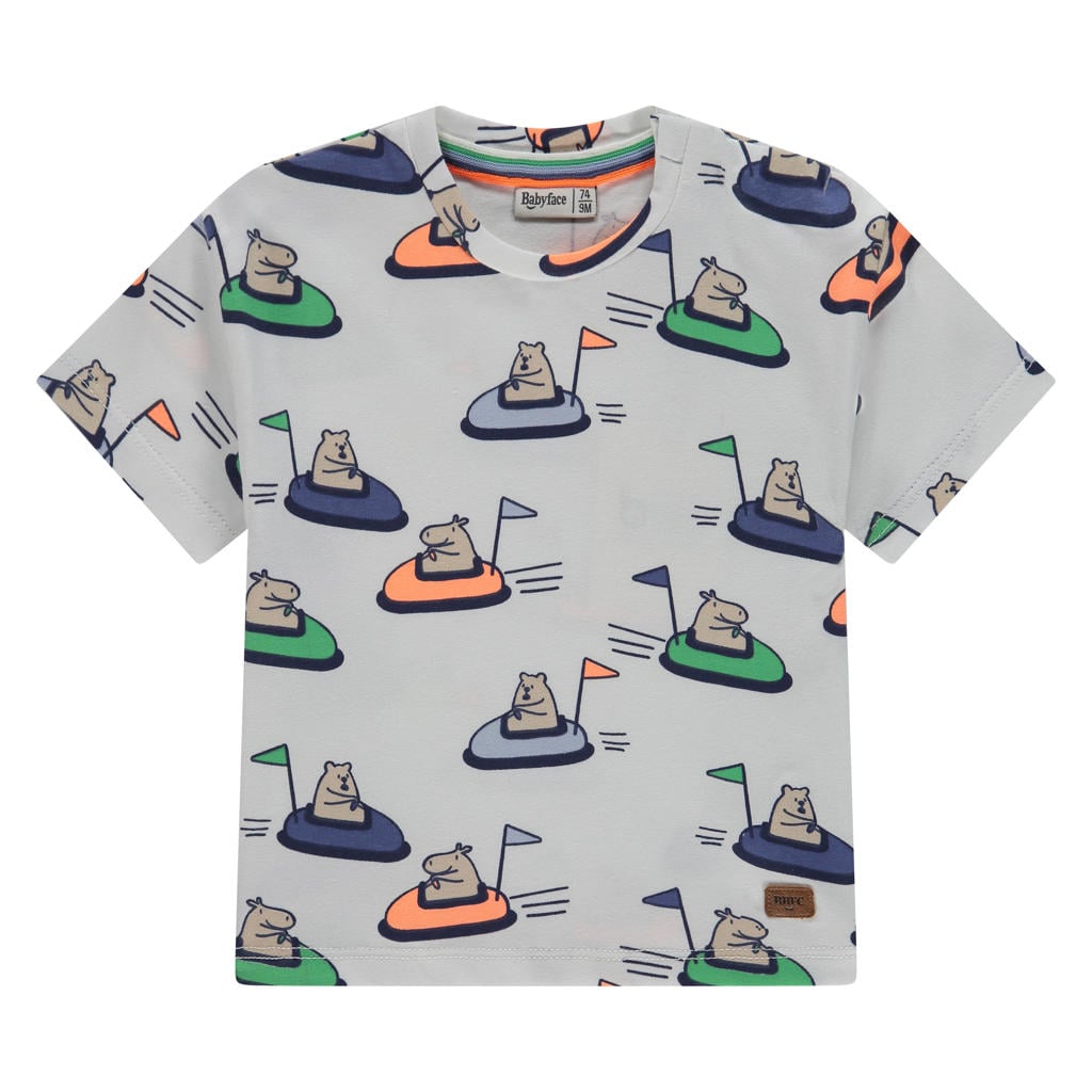 Lichtgrijs, blauw en groene jongens Babyface T-shirt van stretchkatoen met korte mouwen en ronde hals