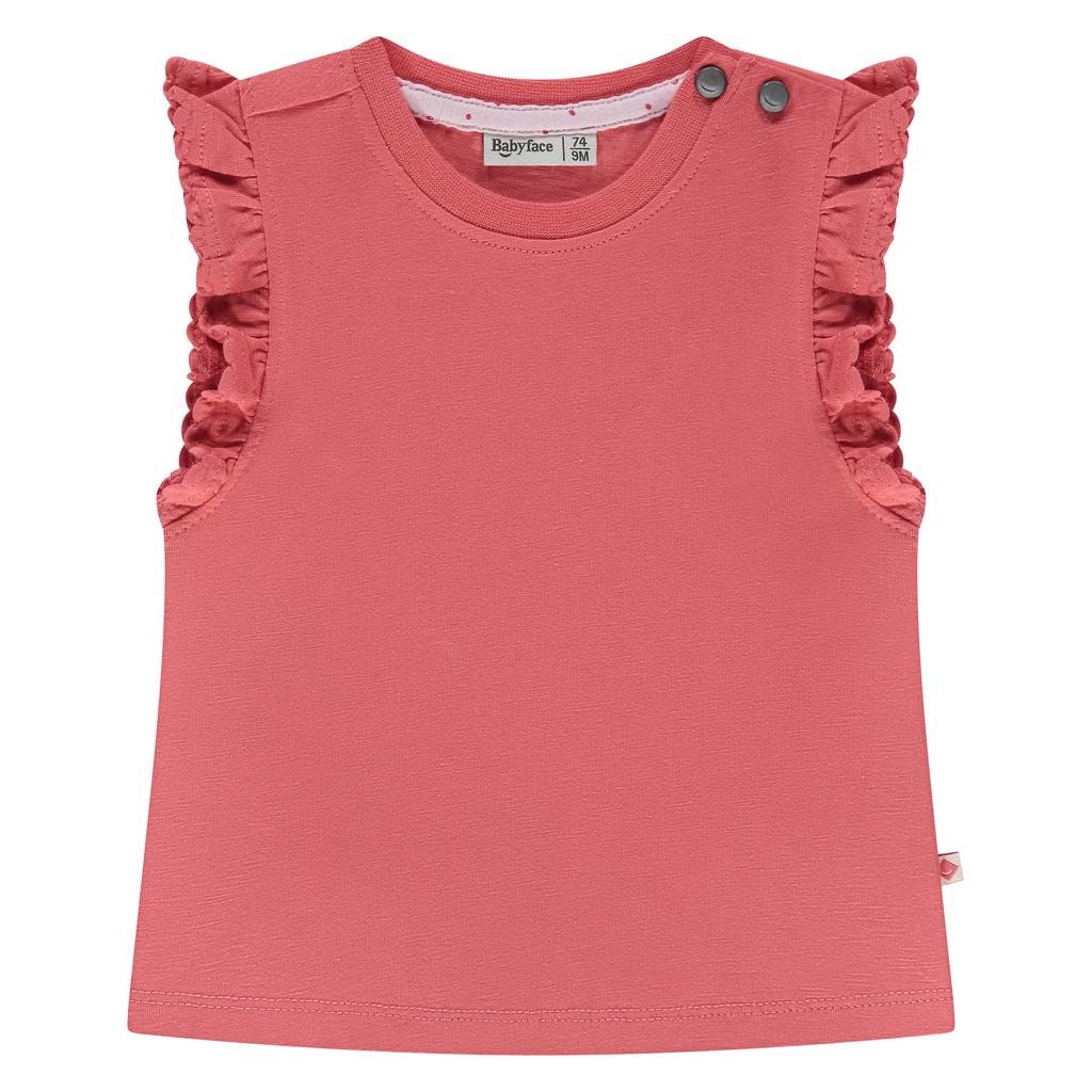Rode meisjes Babyface T-shirt van stretchkatoen met effen, korte mouwen, ronde hals, drukknoopsluiting en ruches