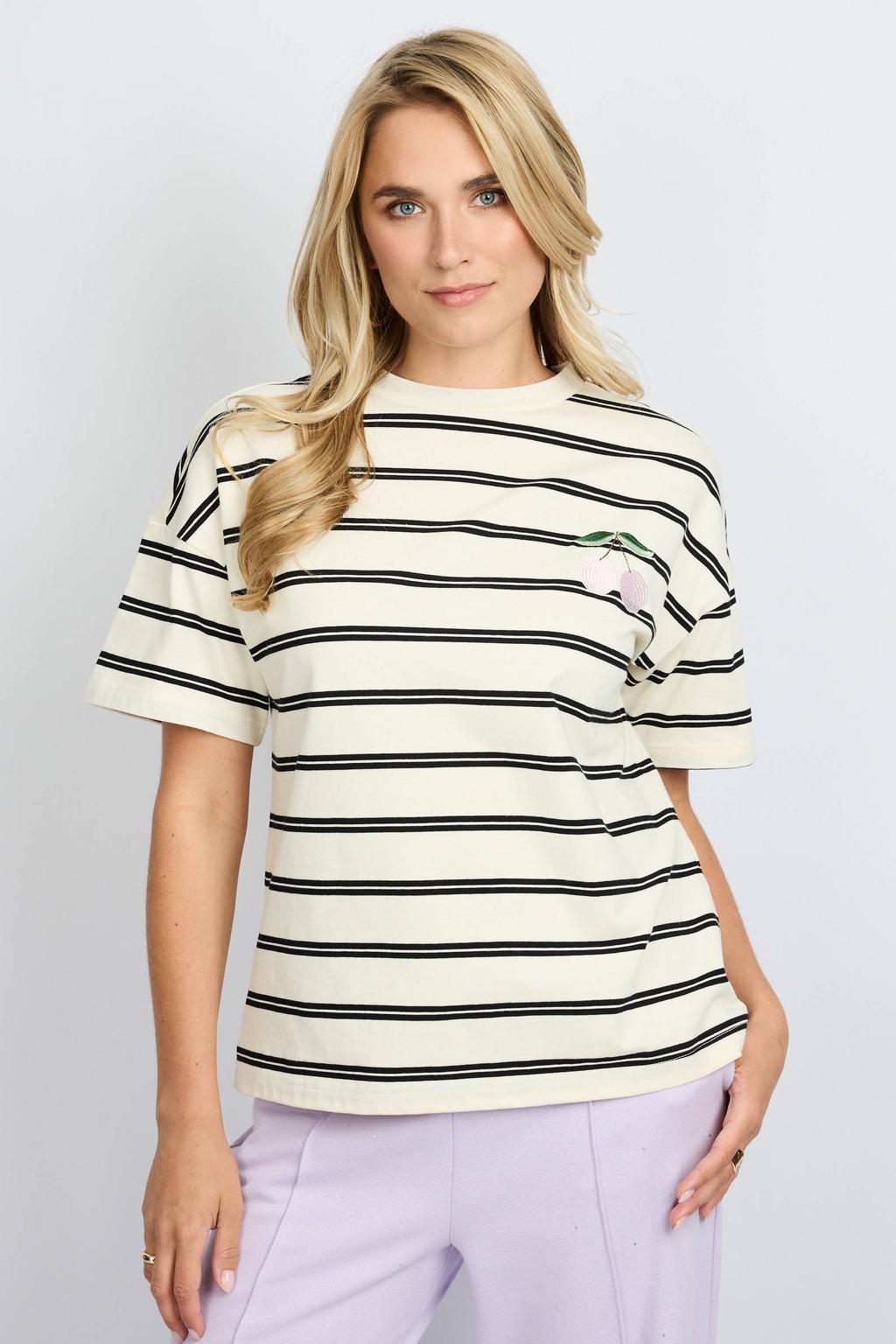Ecru en zwarte dames FLURESK gestreept T-shirt van katoen met korte mouwen en ronde hals