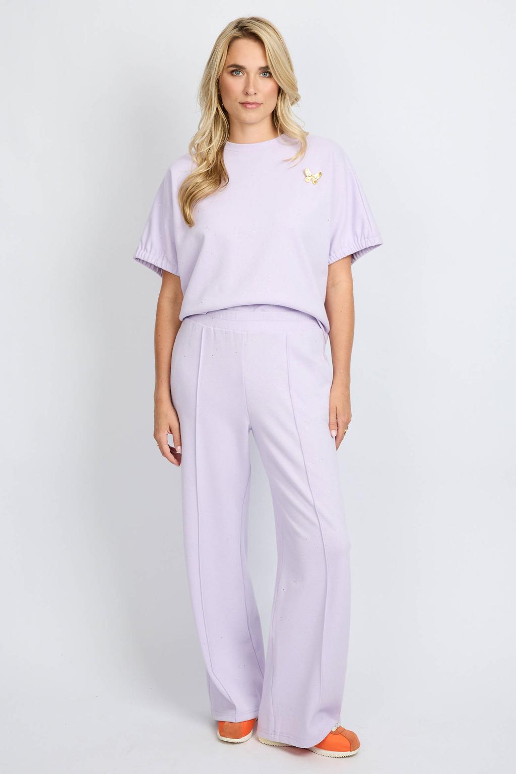 Lilakleurige dames FLURESK straight regular waist casual broek van katoen met elastische tailleband en effen