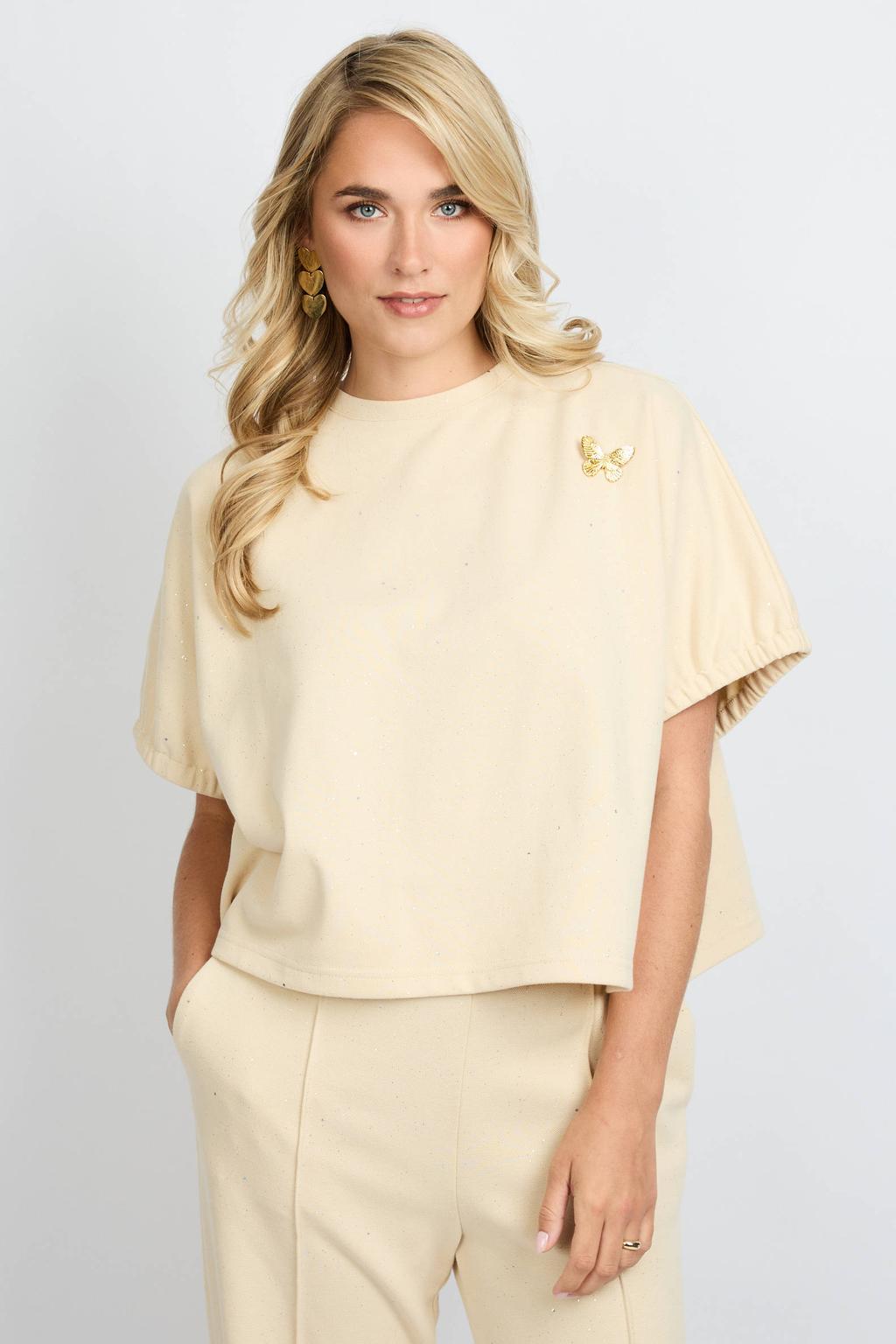 Zandkleurige dames FLURESK top met effen, korte mouwen, ronde hals en elastische boord