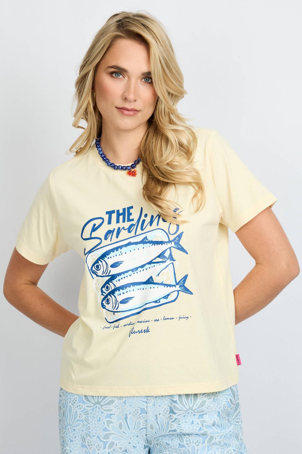 Ecru en blauwe dames FLURESK T-shirt van katoen met printopdruk, korte mouwen en ronde hals