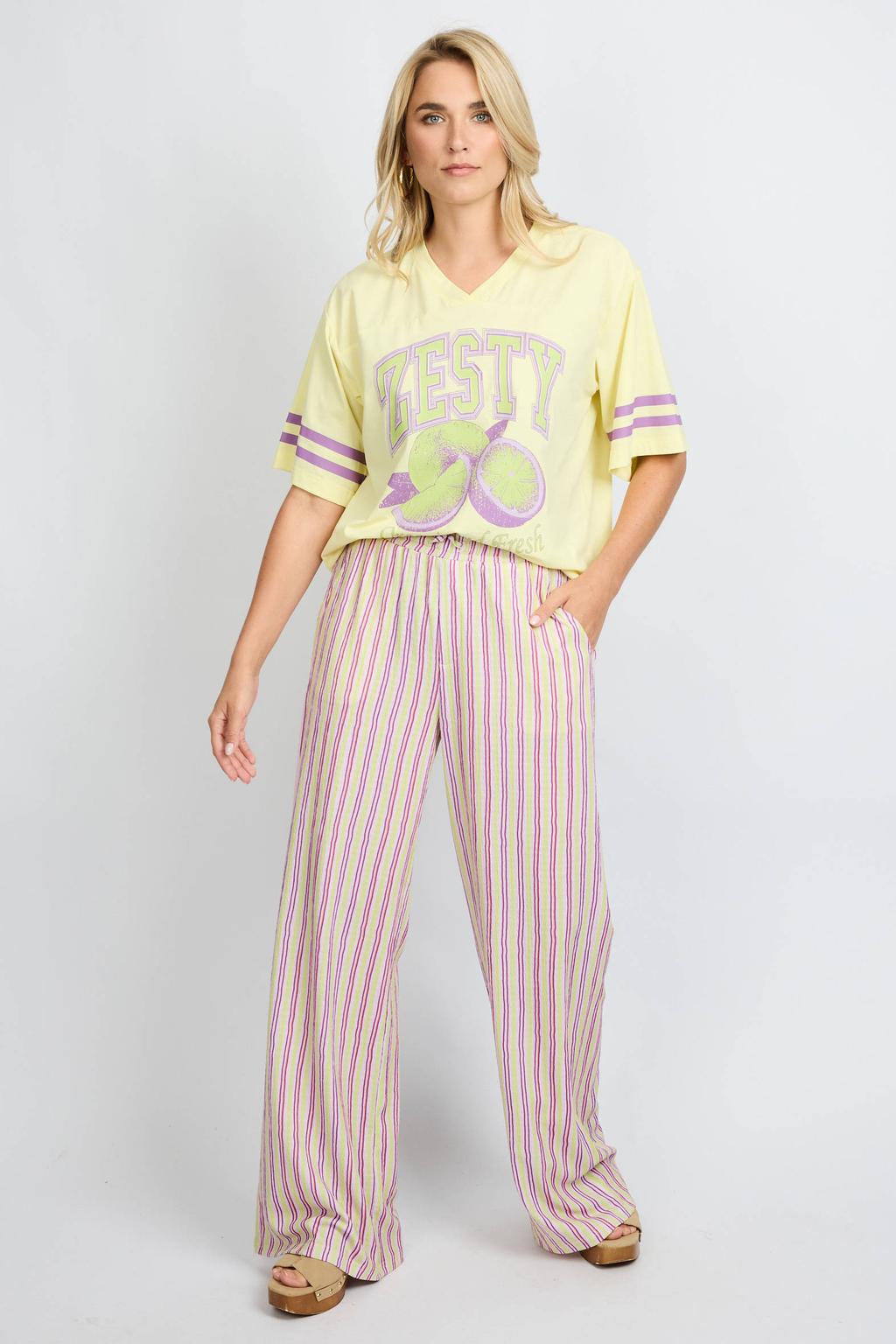 Roze en groene dames FLURESK straight regular waist gestreepte casual broek van polyester met elastische tailleband met koord