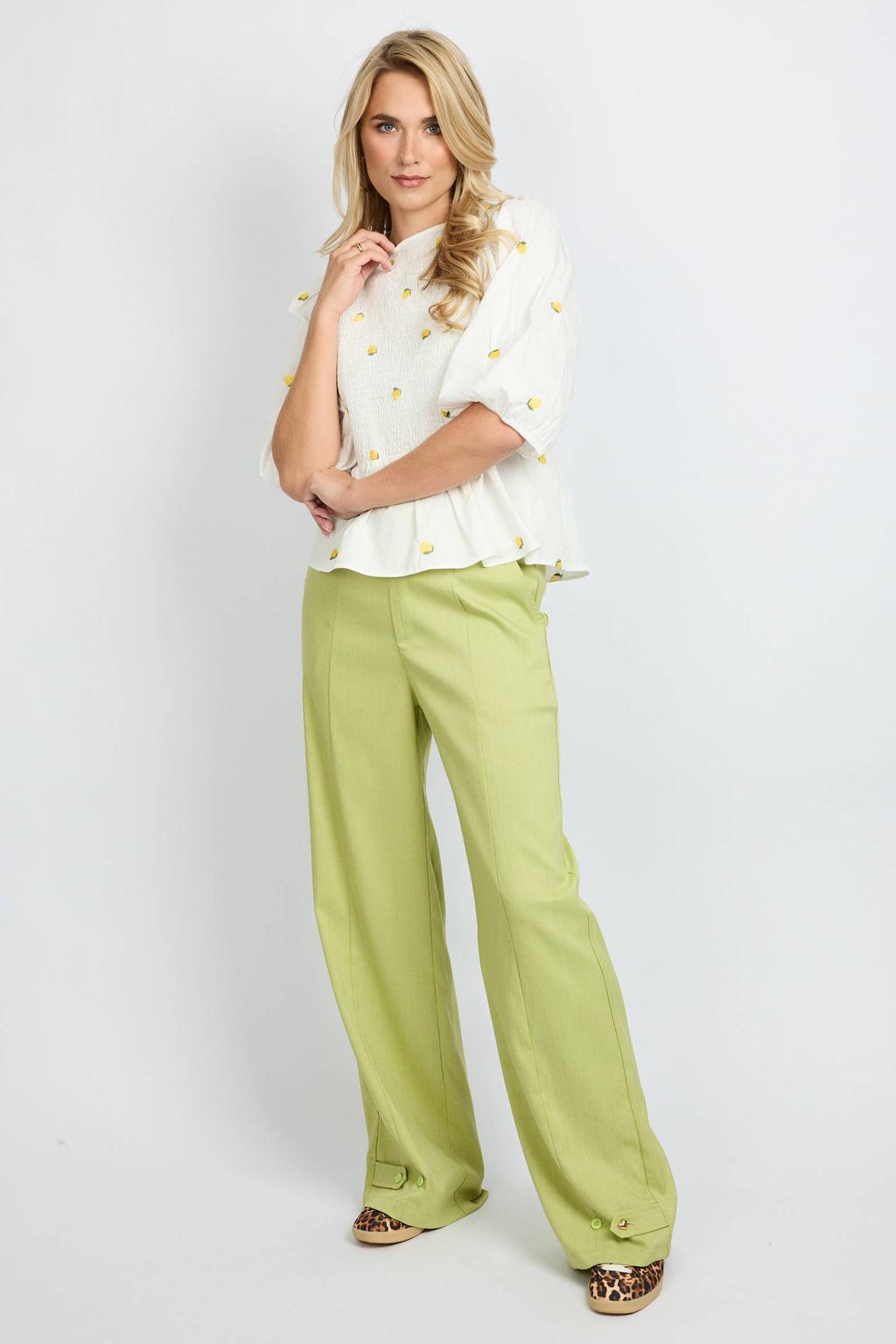 Lichtgroene dames FLURESK wide leg high waist broek met rits- en knoopsluiting en effen